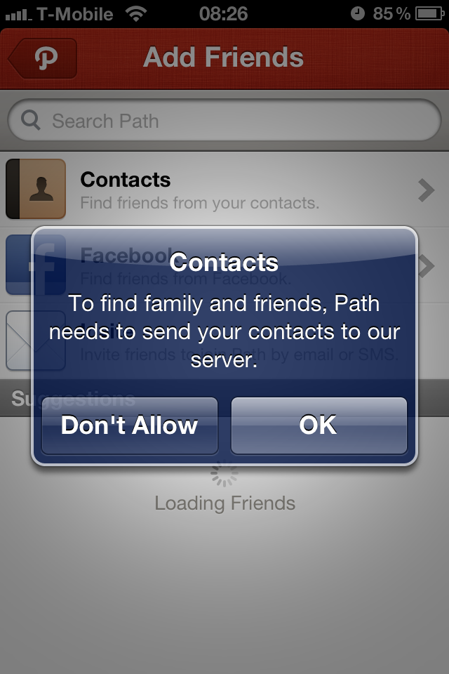 Path perguntando por uso de contatos