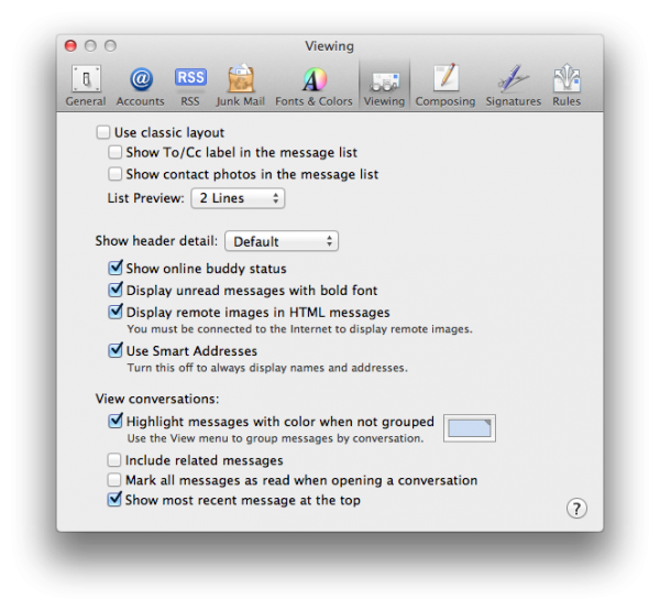 Preferências do Mail - OS X Lion