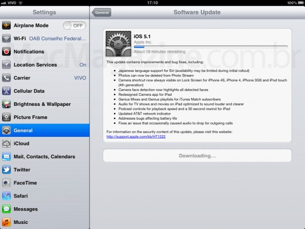 iOS 5.1 sendo baixado no iPad