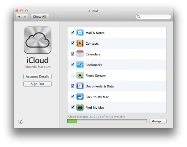 Painel do iCloud - OS X Lion