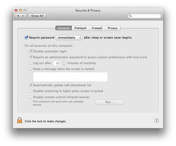 Painel Segurança & Privacidade - OS X Lion