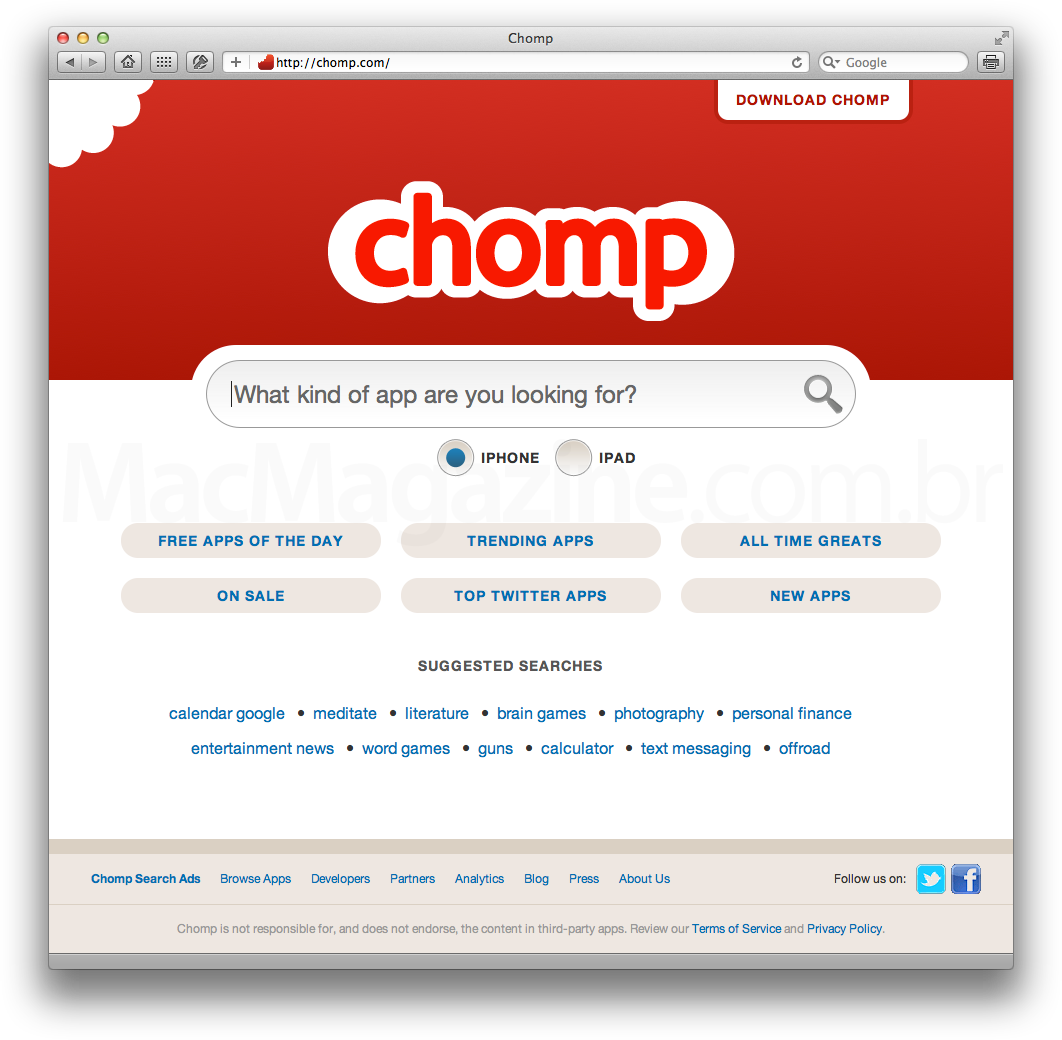 Site do Chomp, agora sem Android
