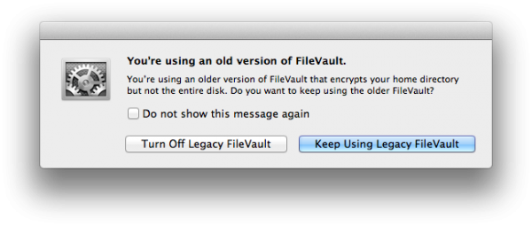 Caixa de diálogo sobre FileVault antigo