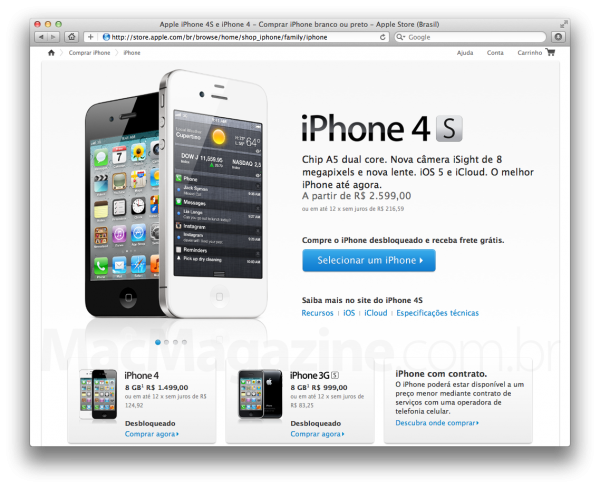 Preços dos iPhones 4 e 3GS na Apple Online Store