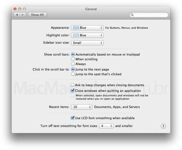 Opções de fechamento de apps no OS X Mountain Lion