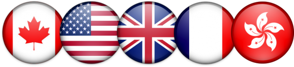 Bandeiras do Canadá, dos Estados Unidos, do Reino Unido, da França e de Hong Kong