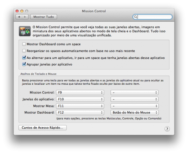 Preferências do Mission Control no OS X Mountain Lion