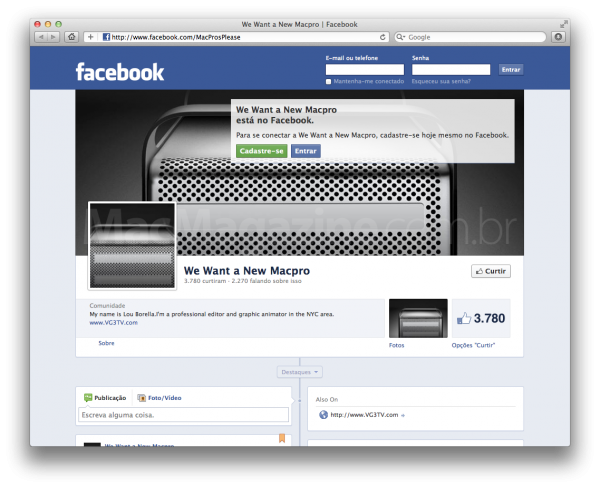 Página pedindo por um novo Mac Pro no Facebook