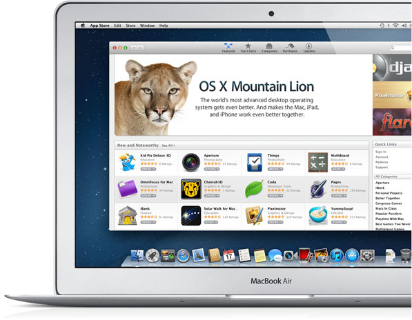 OS X Mountain Lion na Mac App Store num MacBook Air