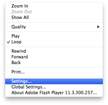 Configurações do Adobe Flash Player