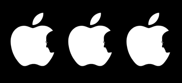 Três logos da Apple com a silhueta de Steve Jobs