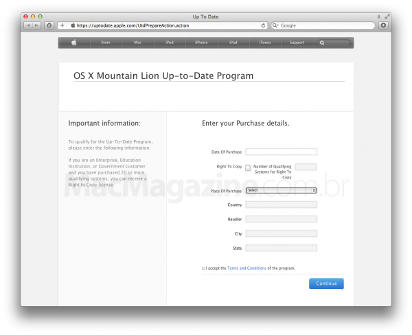 Formulário do Programa de Atualização do OS X Mountain Lion