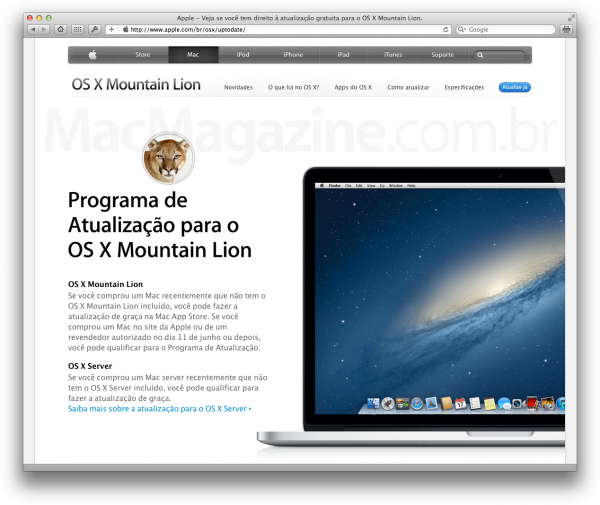 Formulário do Programa de Atualização para o OS X Mountain Lion