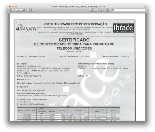Certificado de conformidade técnica do AirPort Express