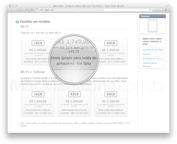 Estoque de iPads na Apple Online Store brasileira