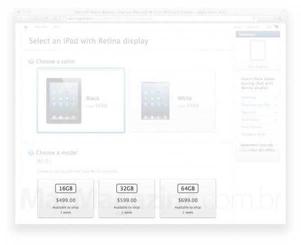 Estoque de iPads na Apple Online Store americana