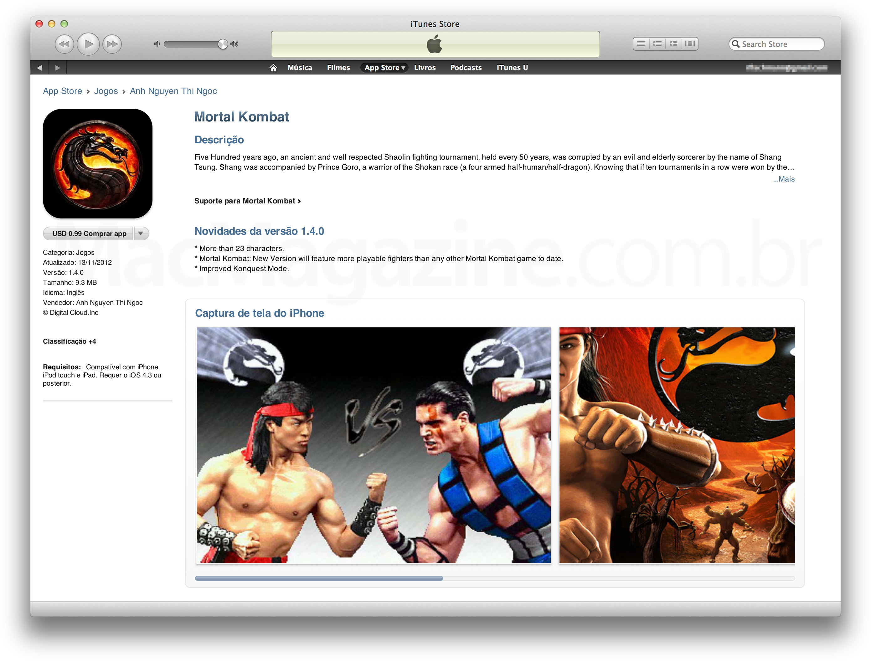 Mortal Kombat falso na App Store