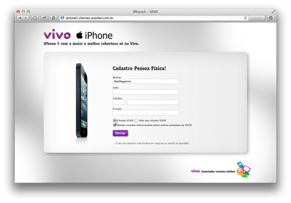 Formulário da Vivo para interessados no iPhone 5