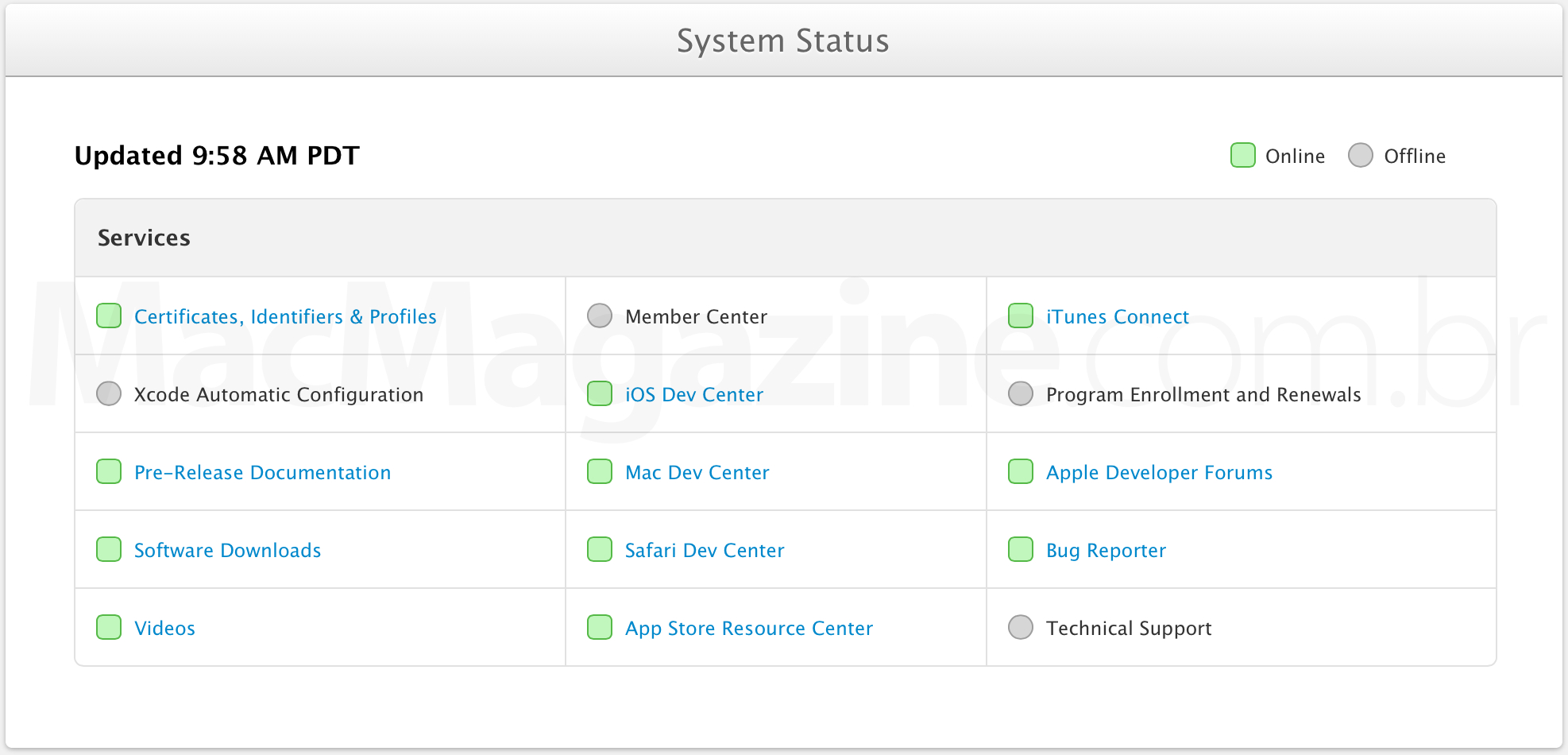 Status do sistema - Portal para desenvolvedores da Apple