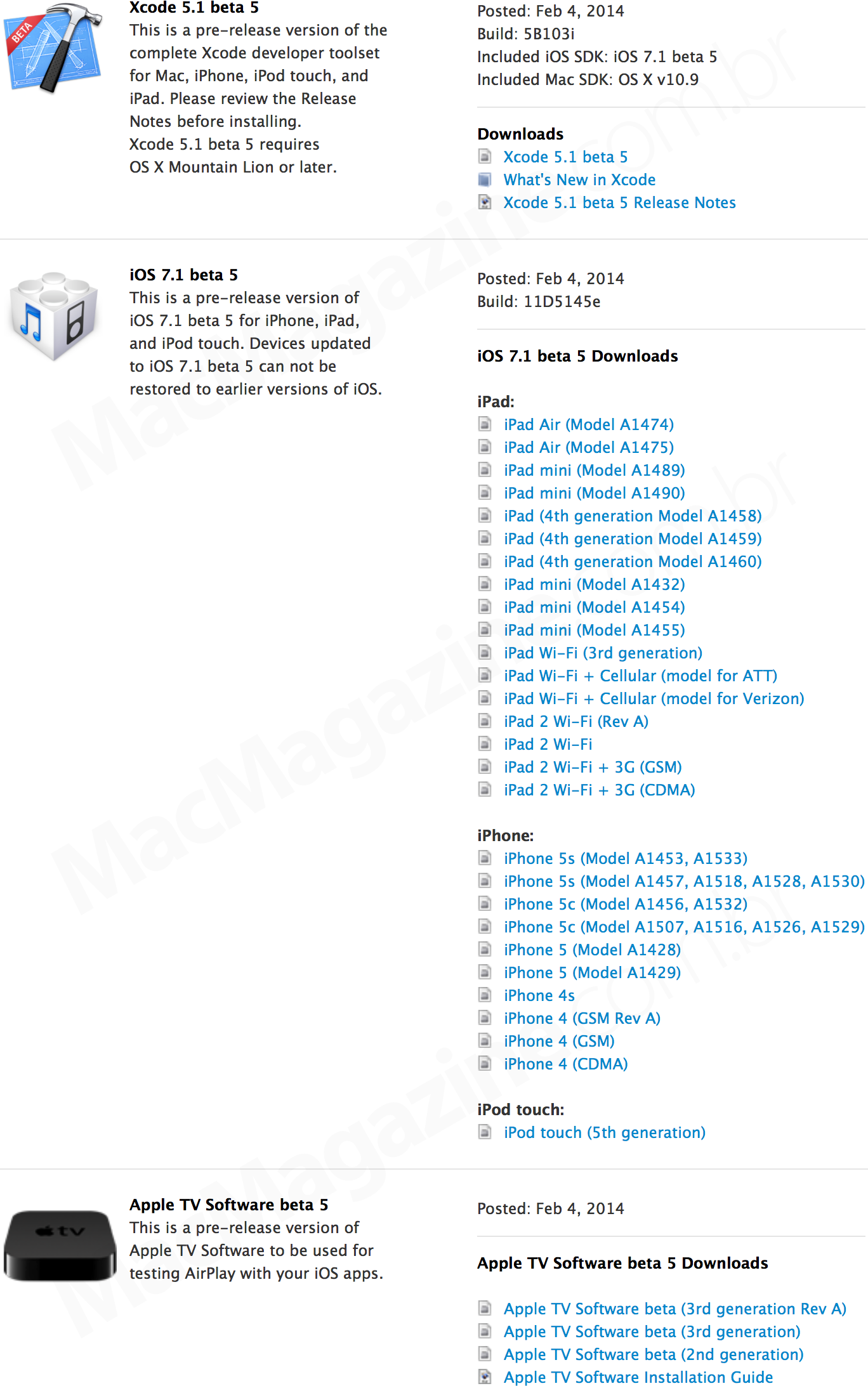 Versões betas (iOS 7.1, Xcode 5 e Apple TV Software)