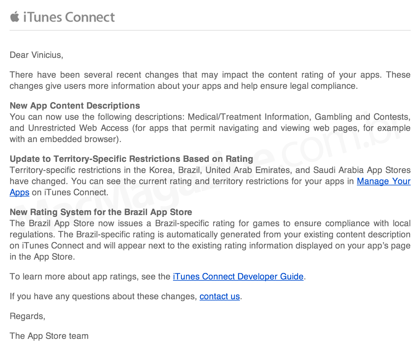Email do iTunes Connect