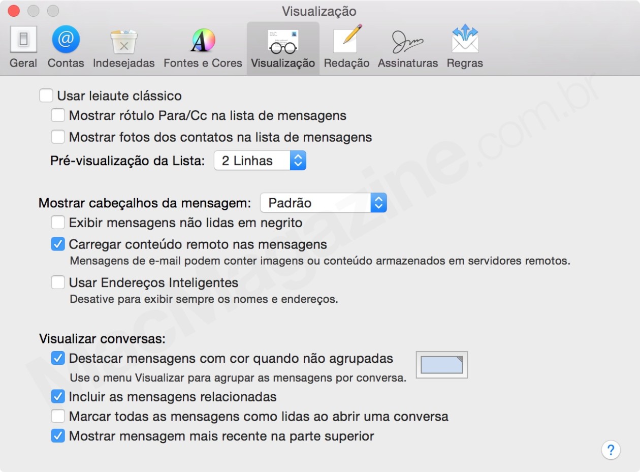 Preferências do Mail no OS X Yosemite