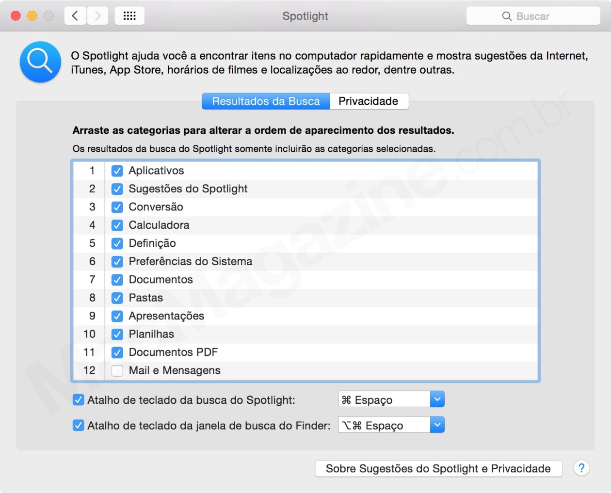 Configurações do Spotlight no OS X Yosemite