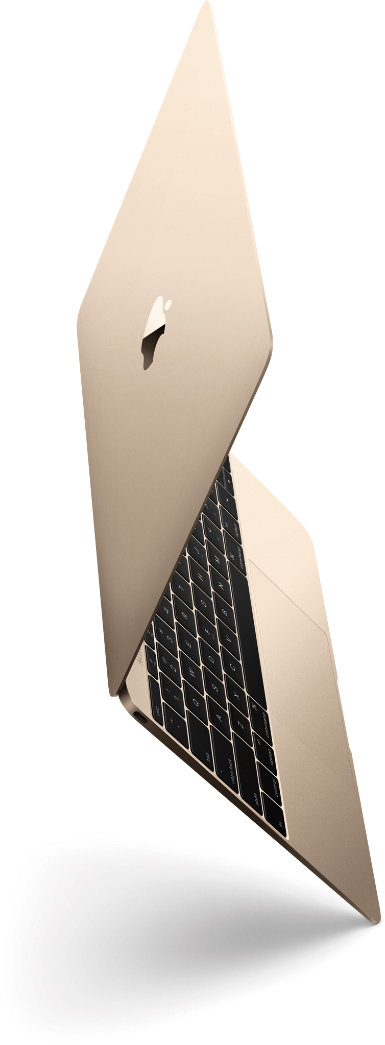 MacBook dourado de lado e inclinado