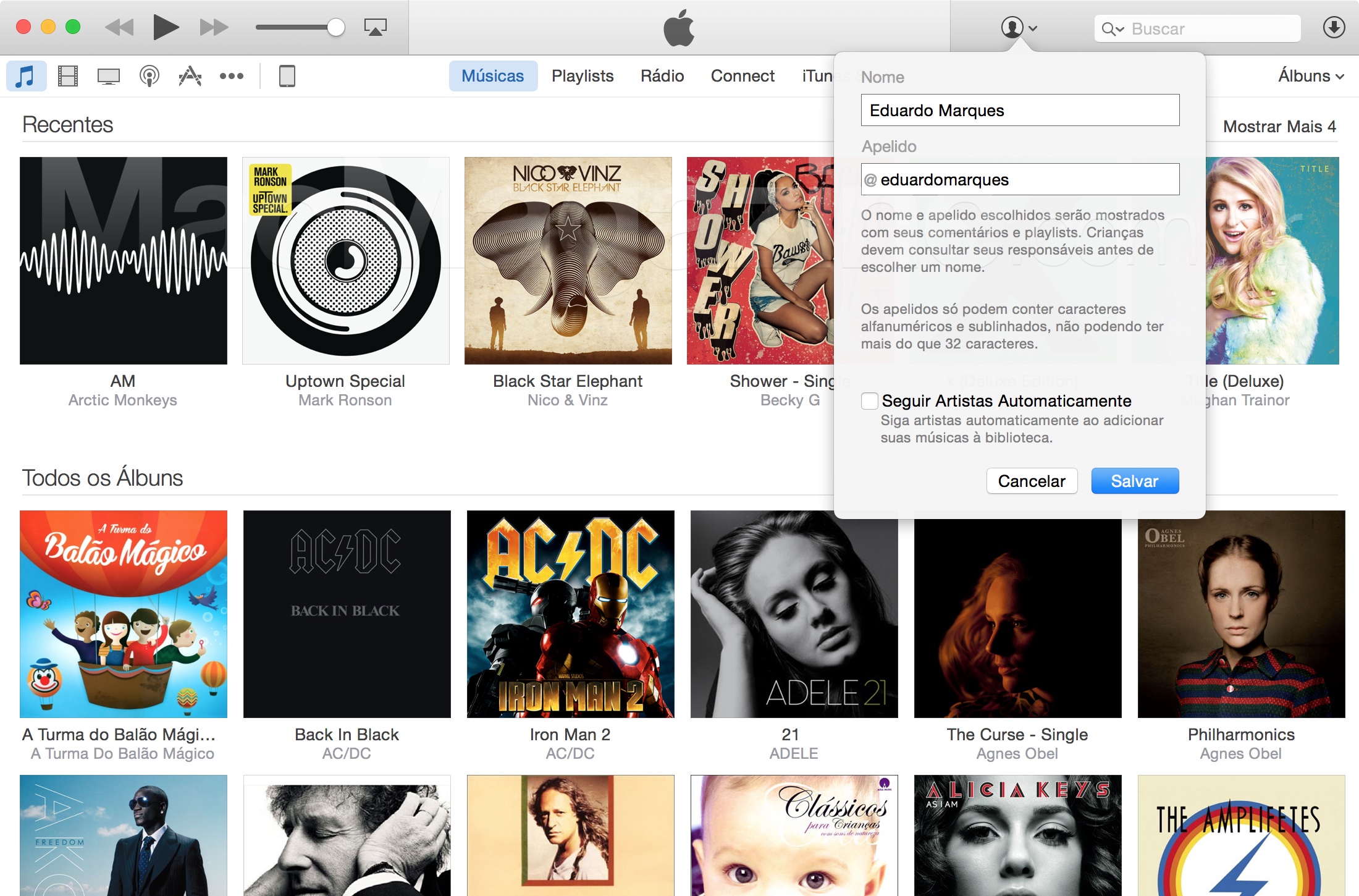 Apple Music - Apelido no iTunes