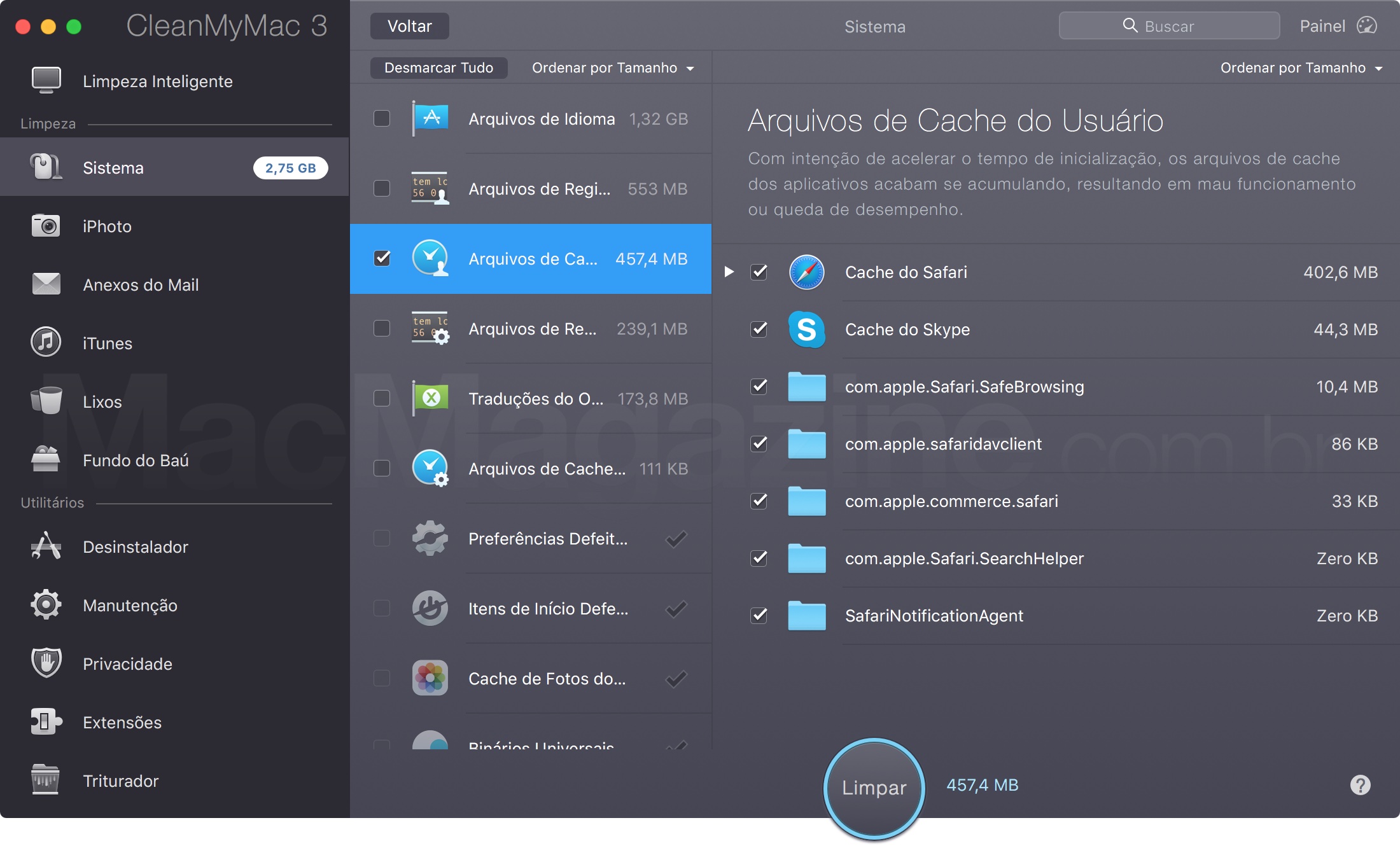 Limpando o cache do Apple Music pelo CleanMyMac 3