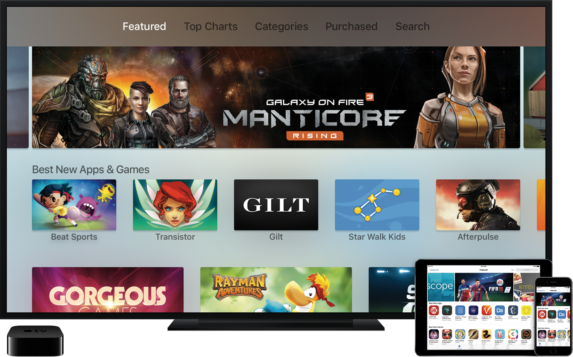 App Store na televisão ao lado da nova Apple TV e de iGadgets