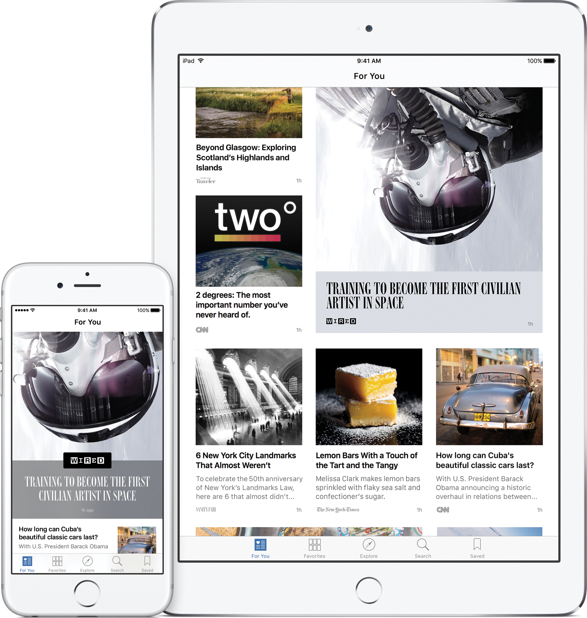 Aplicativo Notícias (News) num iPad e num iPhone com o iOS 9