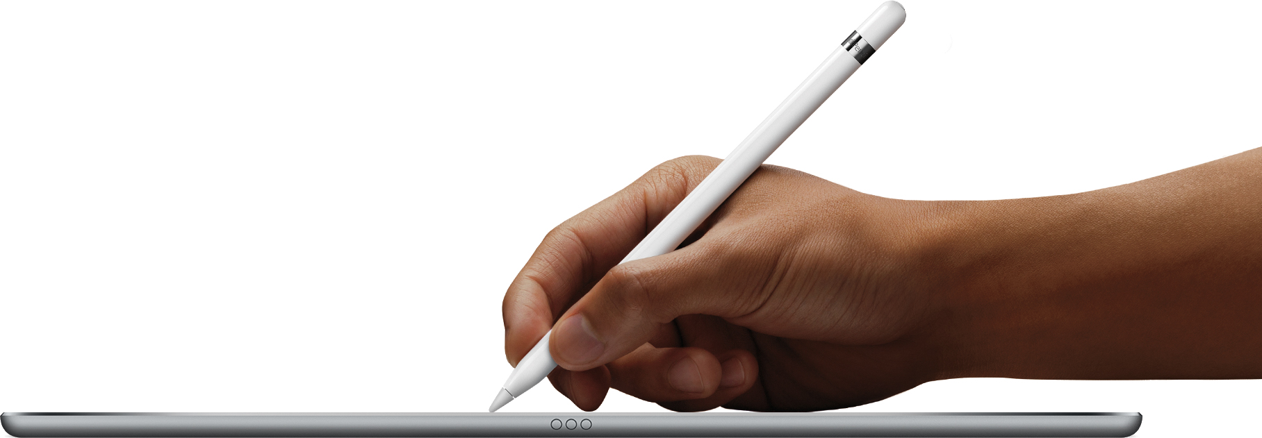 iPad Pro deitado e de lado com mão segurando o Apple Pencil