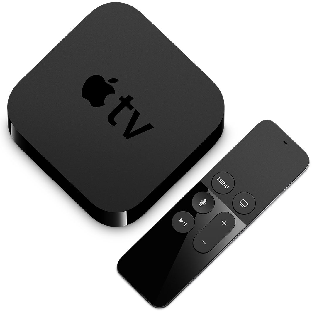 Apple TV e Siri Remote vistos de cima na diagonal