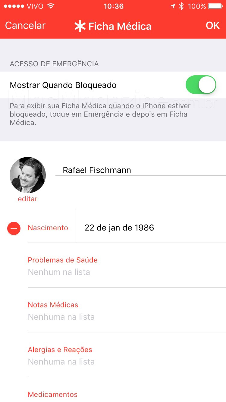 Ficha Médica no Saúde do iOS