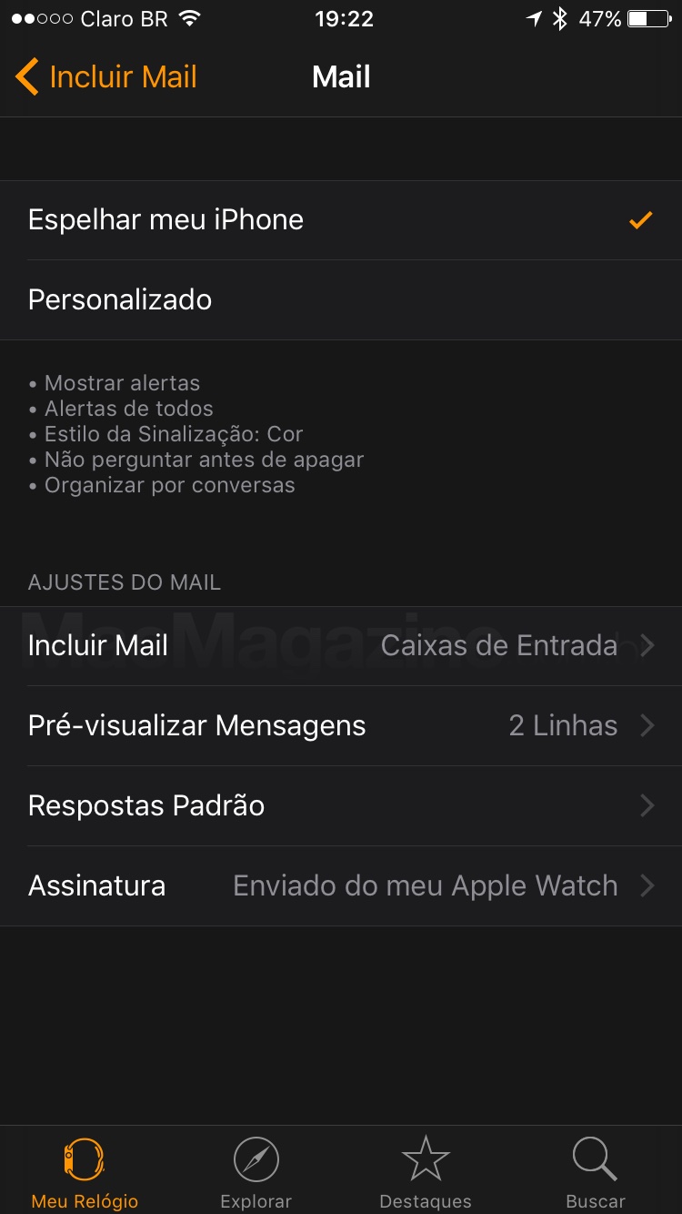 Configuração do Mail no app Watch para iOS