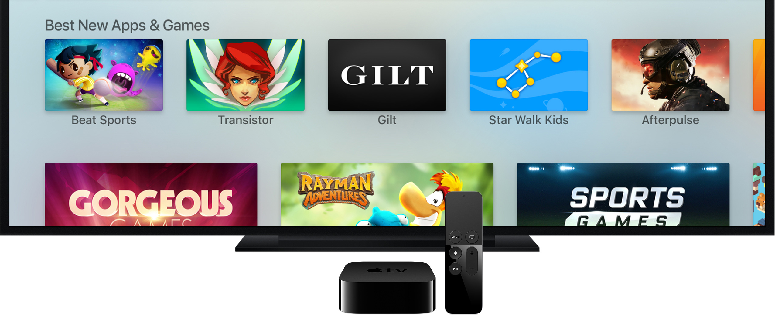 Nova Apple TV com controle e televisão cortada