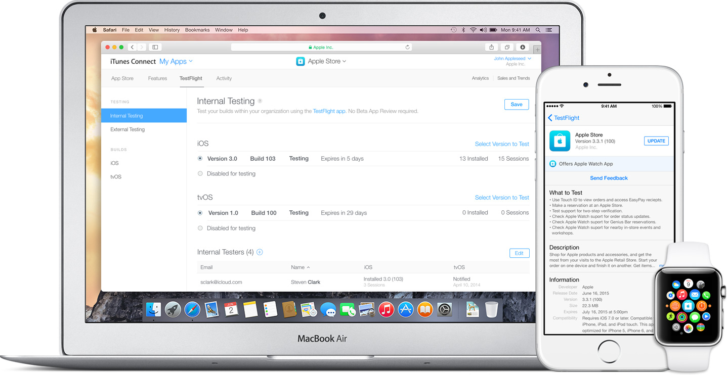TestFlight no Mac, no iPhone e no Apple Watch