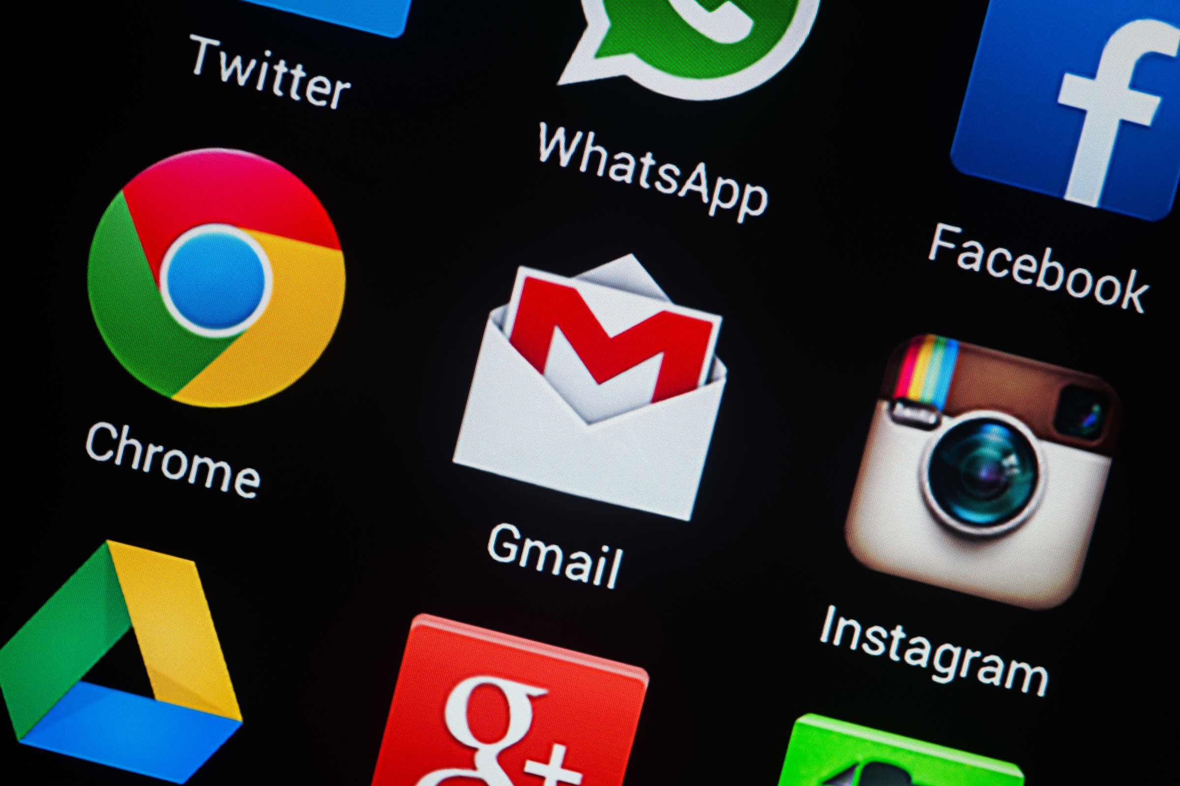 Ícones de apps num Android - Chrome, Gmail, WhatsApp, Facebook, Drive…