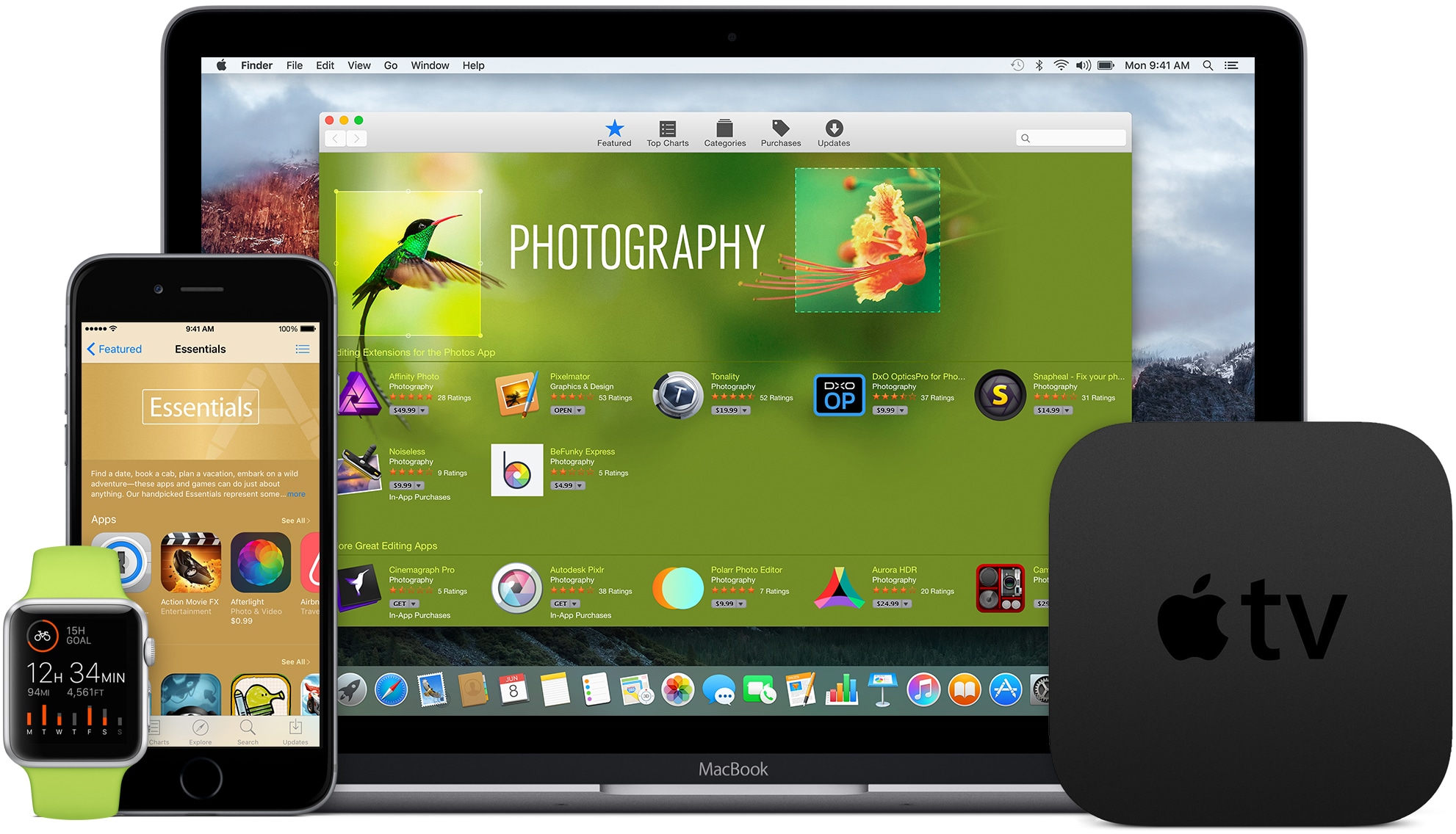 Apple Watch, iPhone, MacBook e Apple TV de frente (família de iProducts)