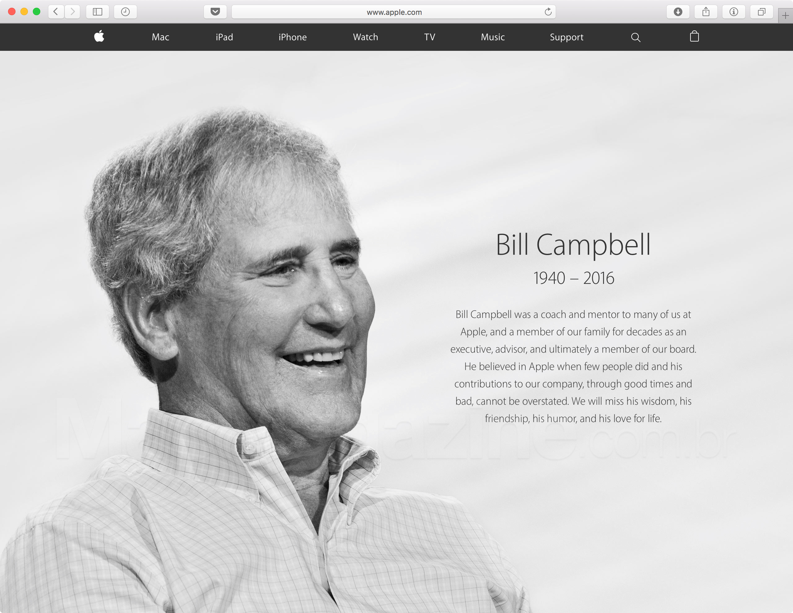 Homenagem a Bill Campbell no site da Apple