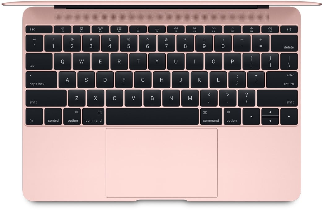 MacBook com tela Retina de 12 polegadas na cor ouro rosa visto de cima (teclado)
