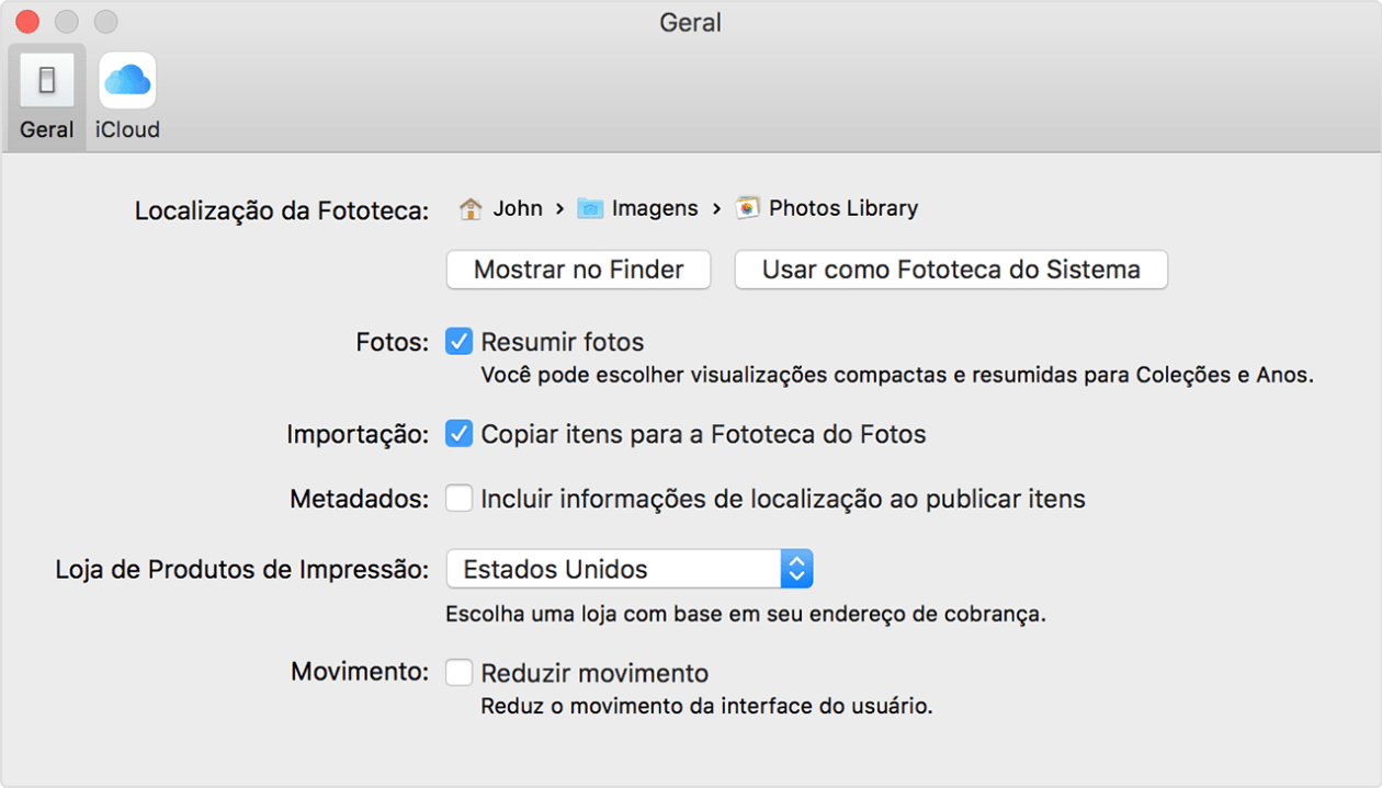 Preferências do Fotos para OS X