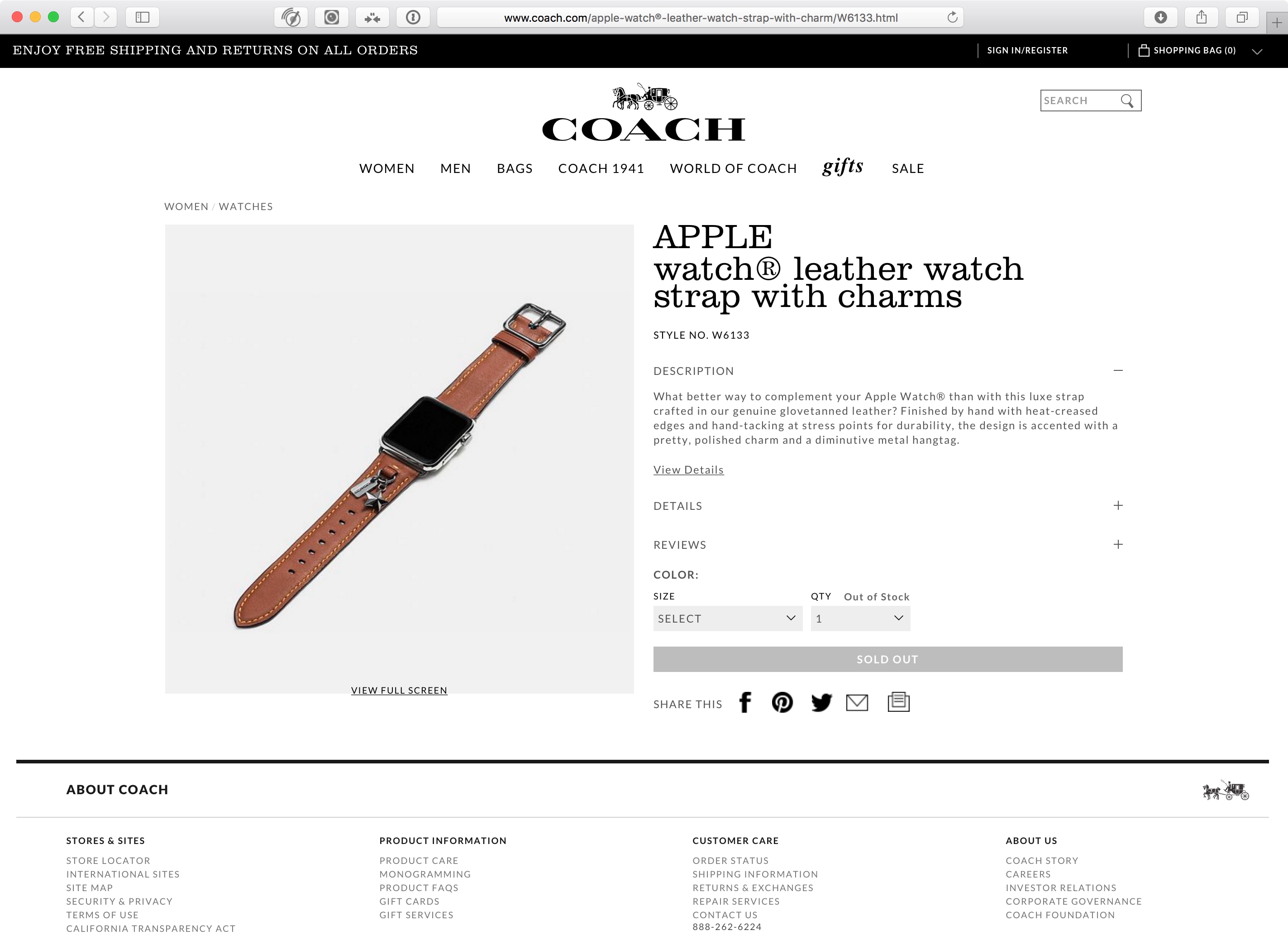 Pulseiras para o Apple Watch sendo vendidas no site da Coach
