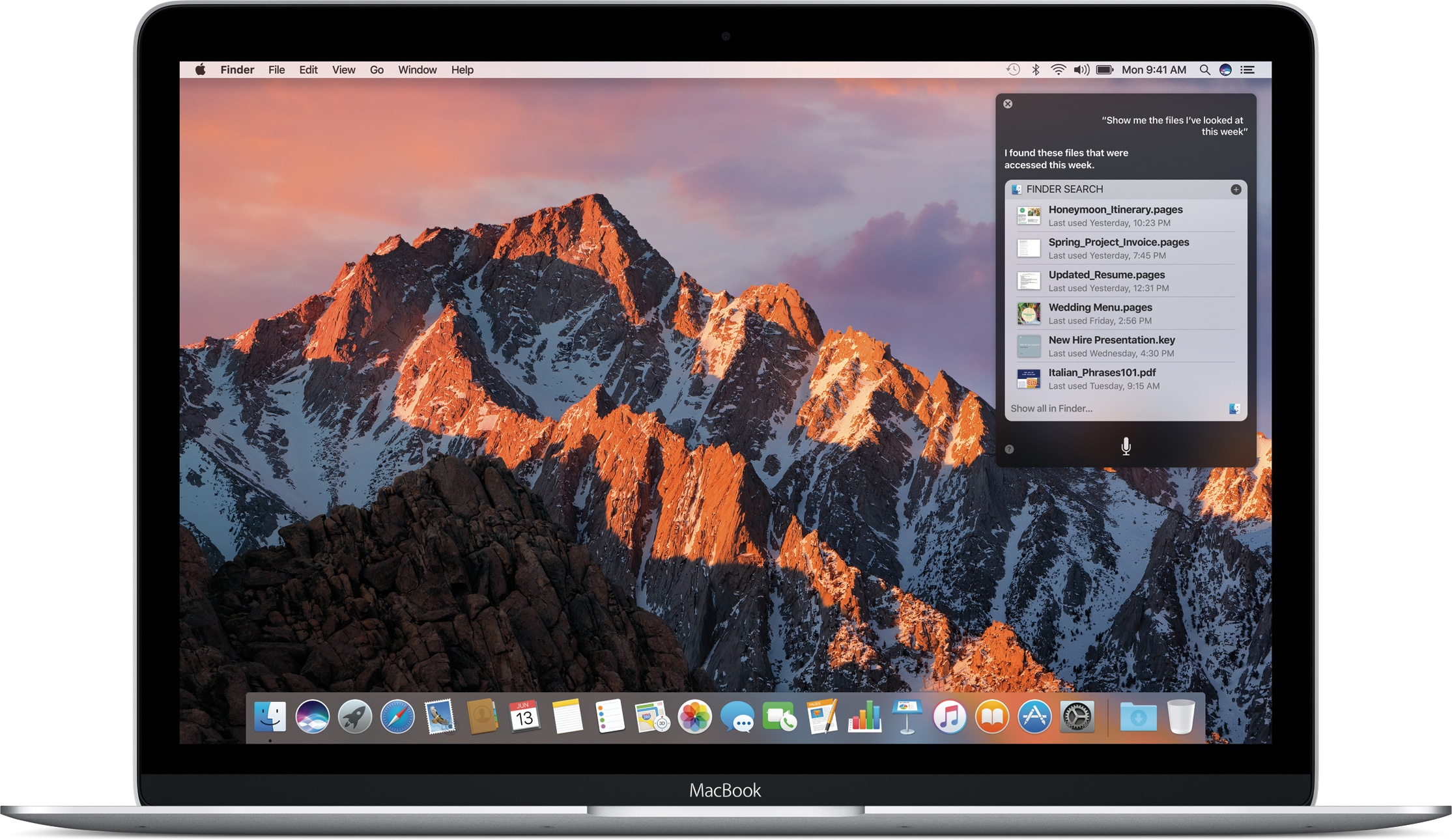 macOS Sierra com resultados de busca da Siri num MacBook