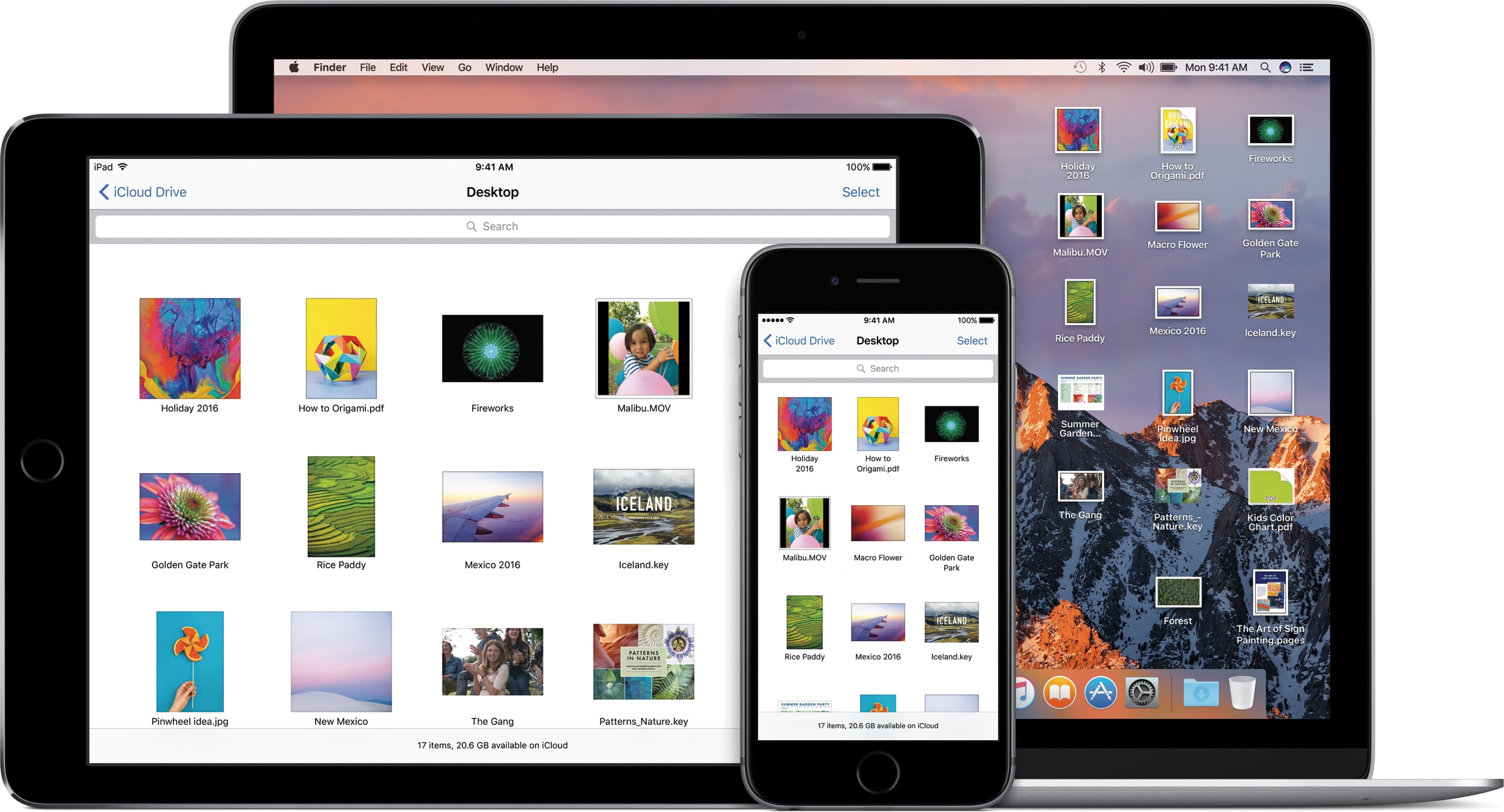 iCloud Drive do macOS Sierra num MacBook ao lado do app rodando em iPad e iPhone
