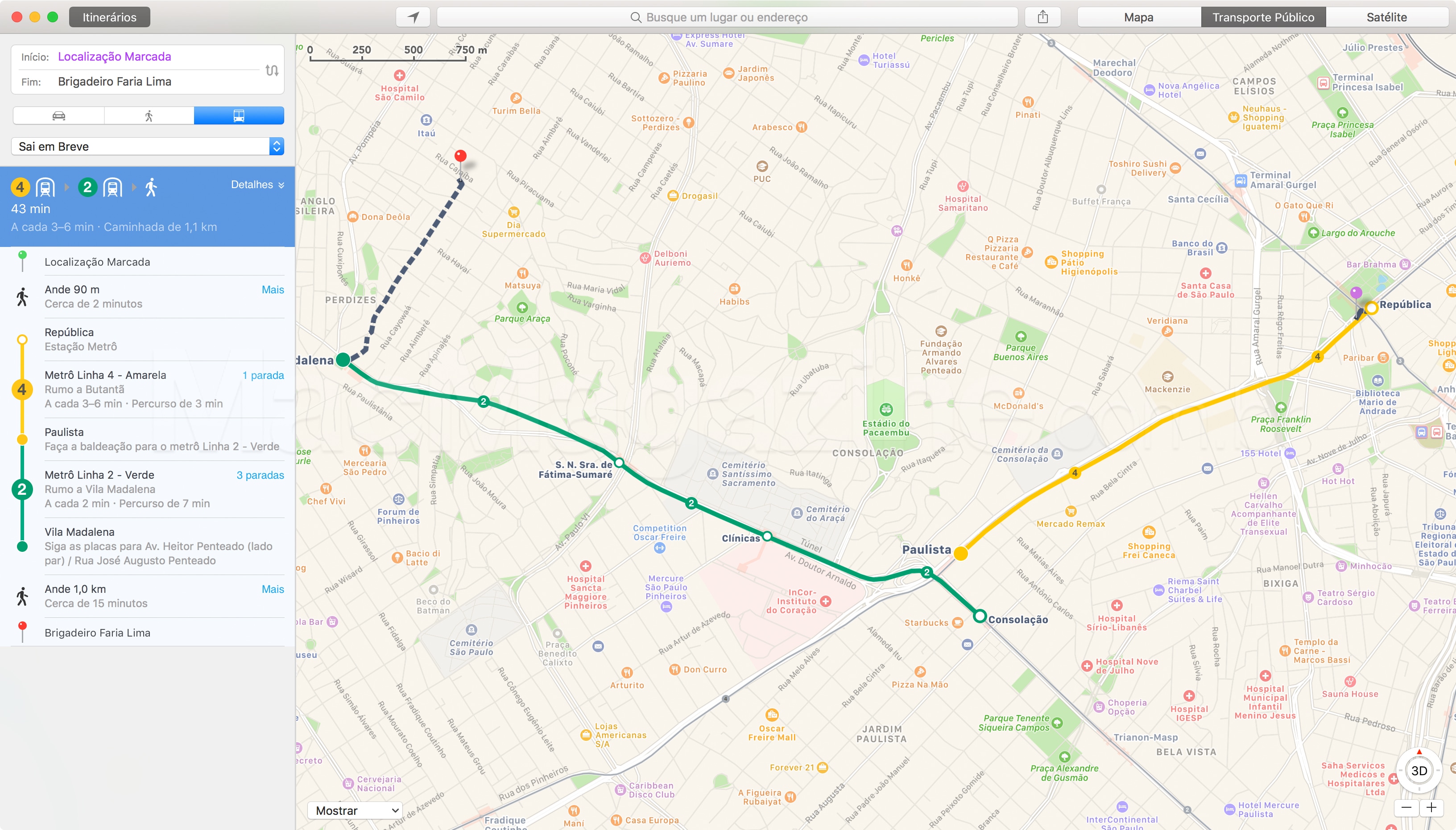 Rotas de transporte público para São Paulo no Apple Maps