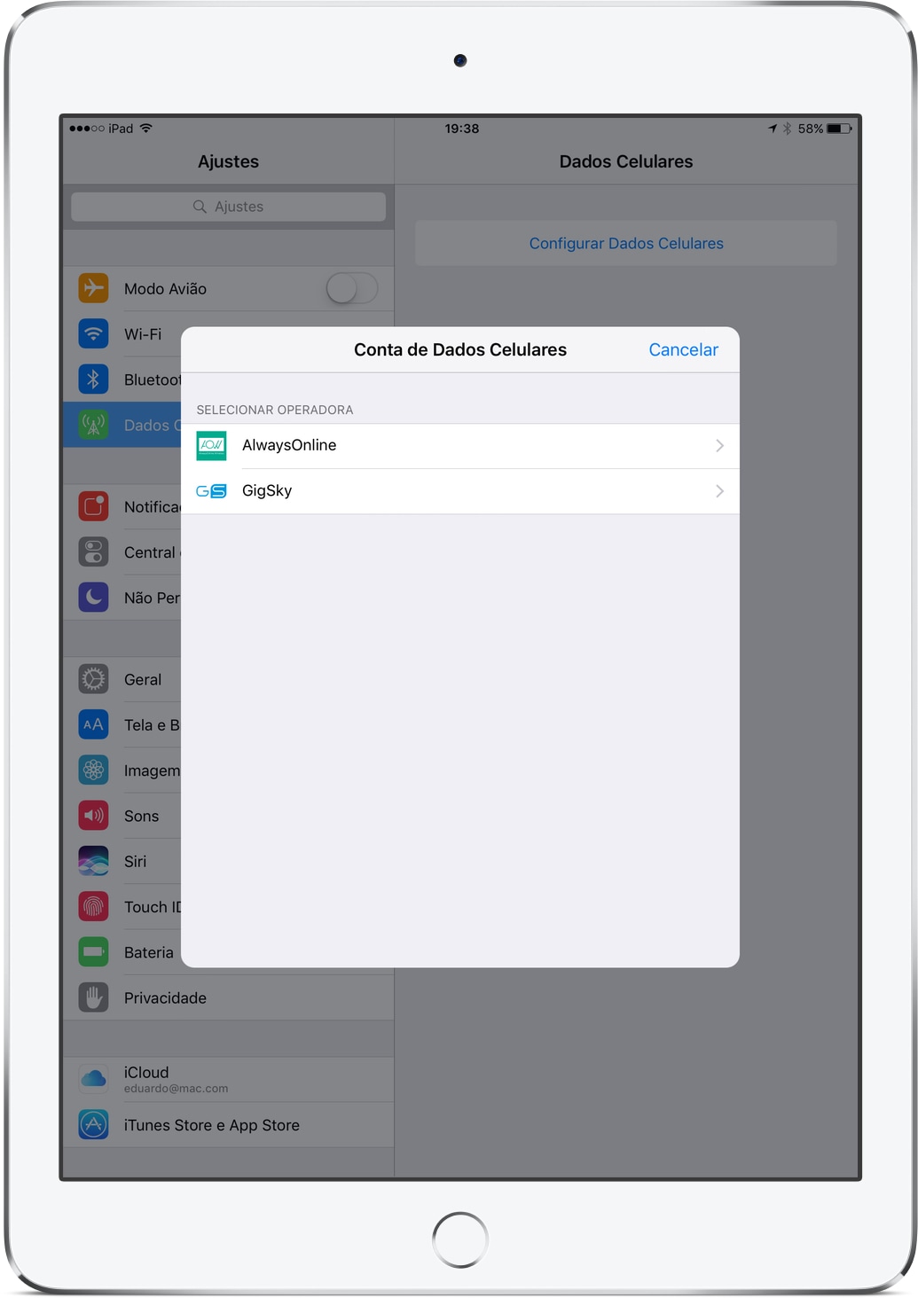 Apple SIM no iPad Pro de 9,7 polegadas