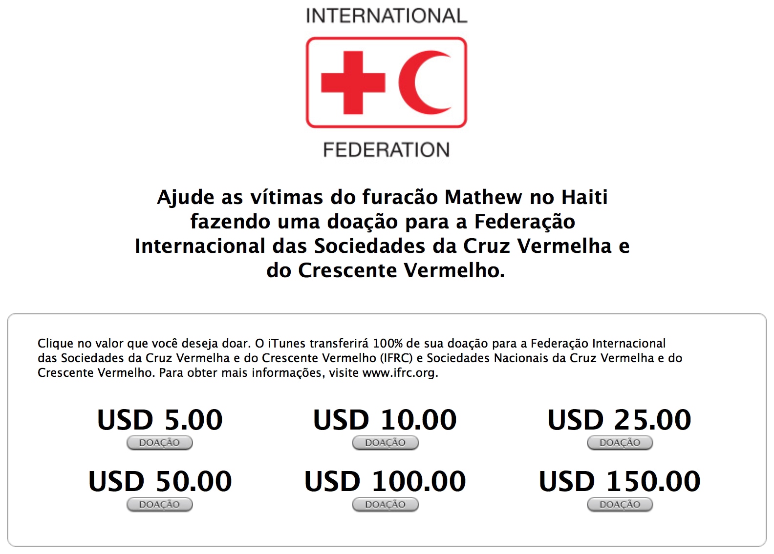 Página de doações para vítimas do furacão Matthew no iTunes