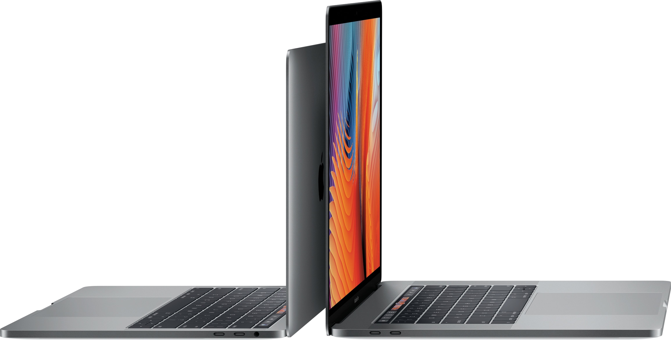 Novos MacBooks Pro de 13 e 15 polegadas abertos na diagonal